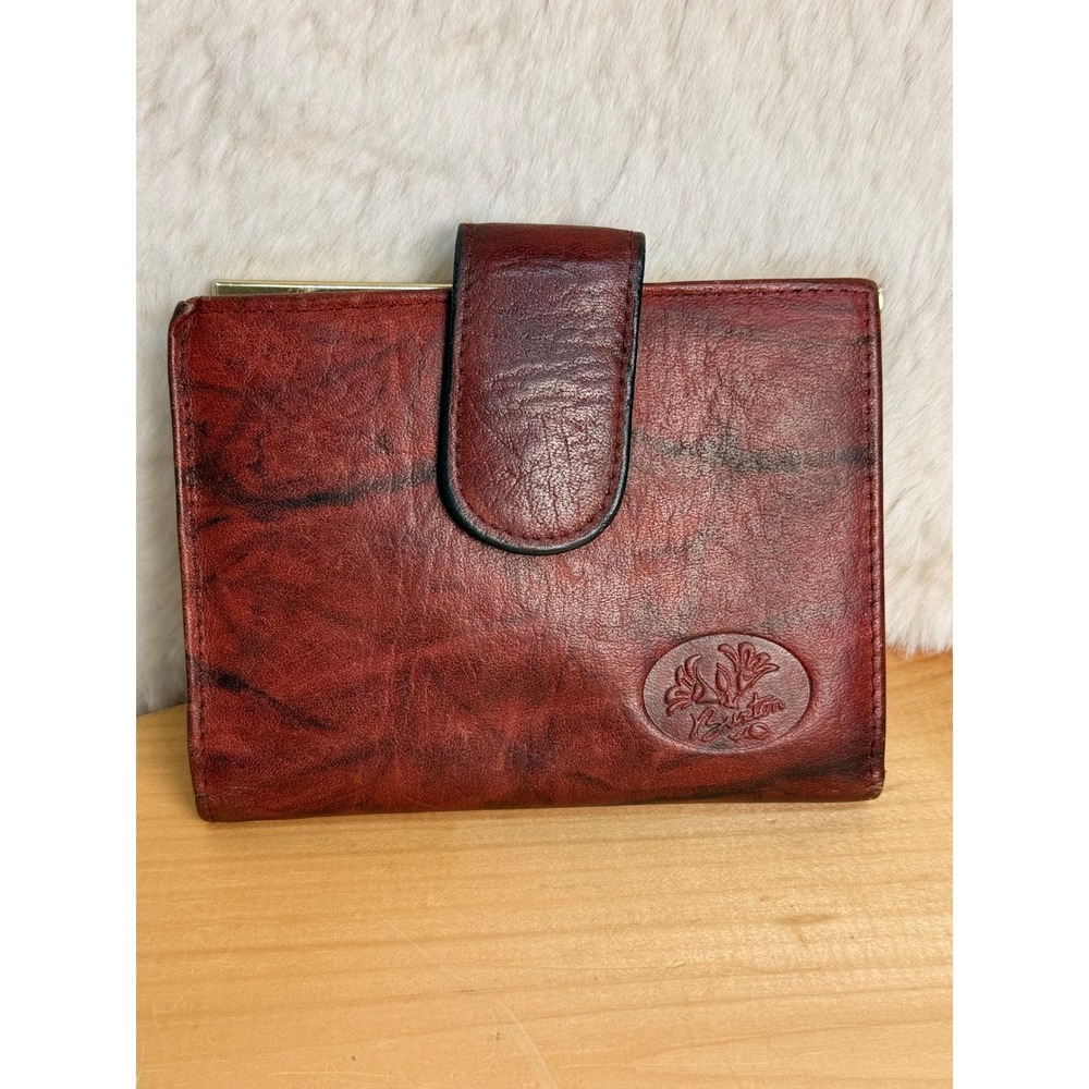 Buxton Vintage Mahogany Leather French Wallet Kiss Lock Coin Purse ID Window